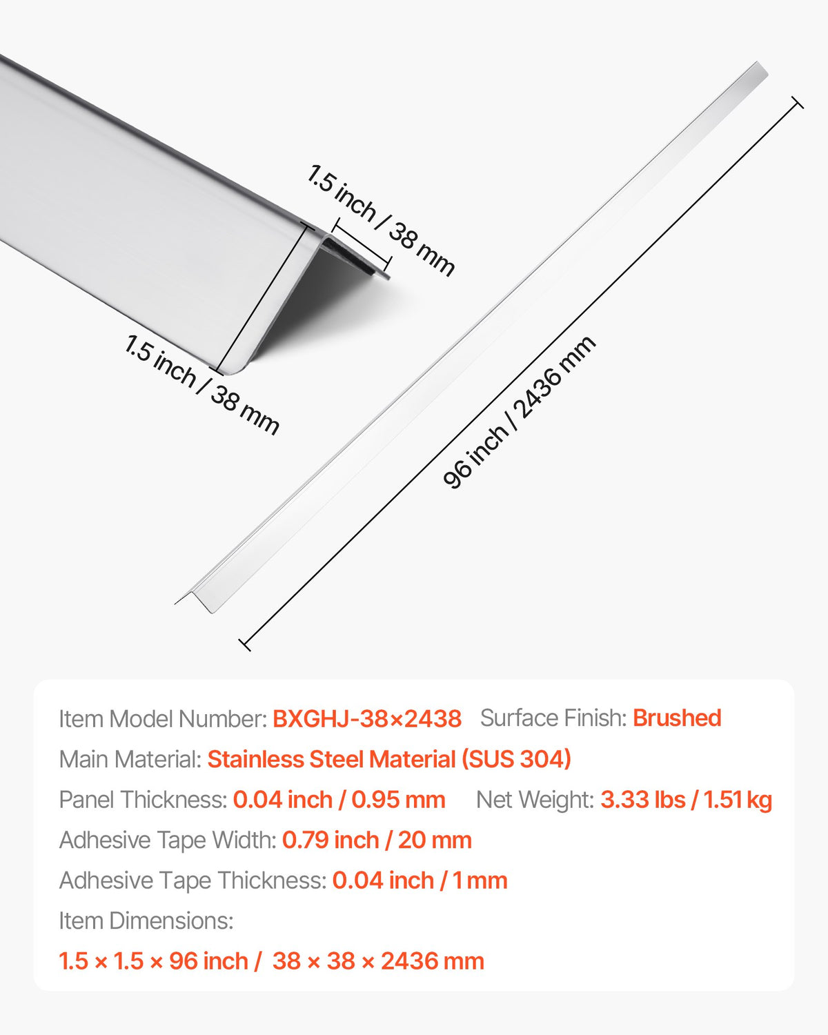 VEVOR Stainless Steel Wall Corner Protector, 1.5 x 1.5 x 96 inch, 10 Pack Metal Corner Guards, 304 Stainless Steel Edge Trim 90-Degree Angle for Home,Office,Commercial Wall Protection, with 3m Tape - BXGHJ1BXG10PTDGV3001V0 - view 8