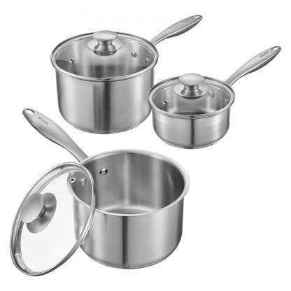 VEVOR Stainless Steel Saucepan Set, 1 QT & 2 QT & 3 QT Saucepans with Glass Lids, Multipurpose Nonstick Stainless Steel Sauce Pot with Ergonomic Handle, Friendly for Oven, Dishwasher, Induction Cooker - BXGJG123QT3JB8H68001V0 - view 2