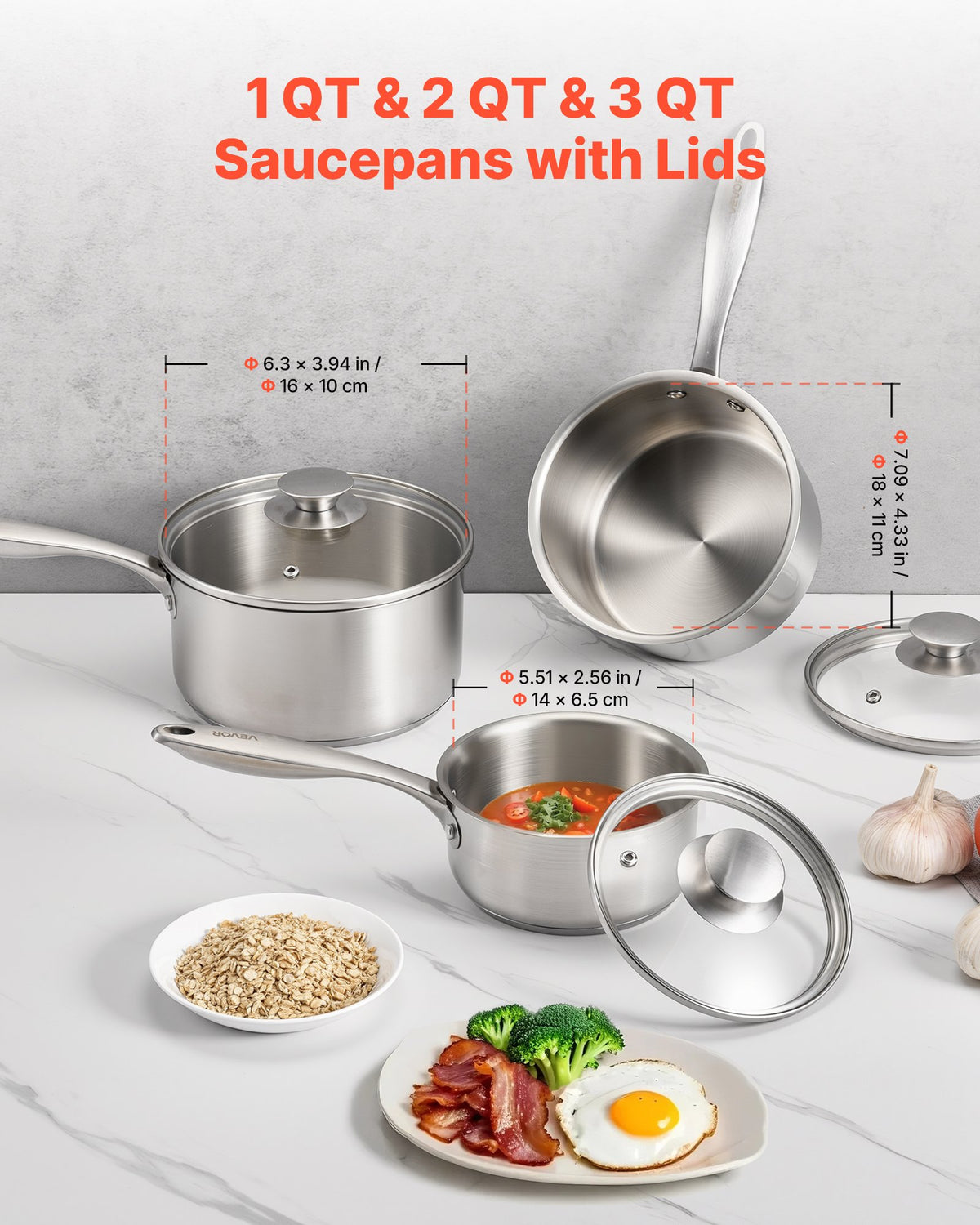 VEVOR Stainless Steel Saucepan Set, 1 QT & 2 QT & 3 QT Saucepans with Glass Lids, Multipurpose Nonstick Stainless Steel Sauce Pot with Ergonomic Handle, Friendly for Oven, Dishwasher, Induction Cooker - BXGJG123QT3JB8H68001V0 - view 3