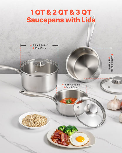 VEVOR Stainless Steel Saucepan Set, 1 QT & 2 QT & 3 QT Saucepans with Glass Lids, Multipurpose Nonstick Stainless Steel Sauce Pot with Ergonomic Handle, Friendly for Oven, Dishwasher, Induction Cooker - BXGJG123QT3JB8H68001V0 - view 3