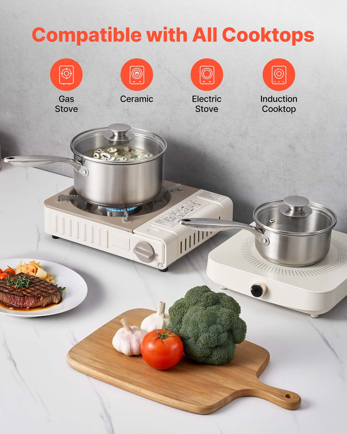 VEVOR Stainless Steel Saucepan Set, 1 QT & 2 QT & 3 QT Saucepans with Glass Lids, Multipurpose Nonstick Stainless Steel Sauce Pot with Ergonomic Handle, Friendly for Oven, Dishwasher, Induction Cooker - BXGJG123QT3JB8H68001V0 - view 6