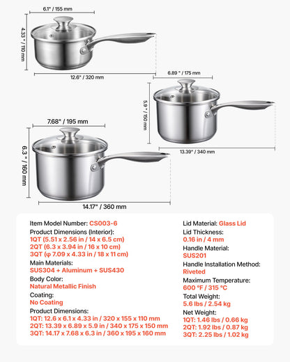 VEVOR Stainless Steel Saucepan Set, 1 QT & 2 QT & 3 QT Saucepans with Glass Lids, Multipurpose Nonstick Stainless Steel Sauce Pot with Ergonomic Handle, Friendly for Oven, Dishwasher, Induction Cooker - BXGJG123QT3JB8H68001V0 - view 8