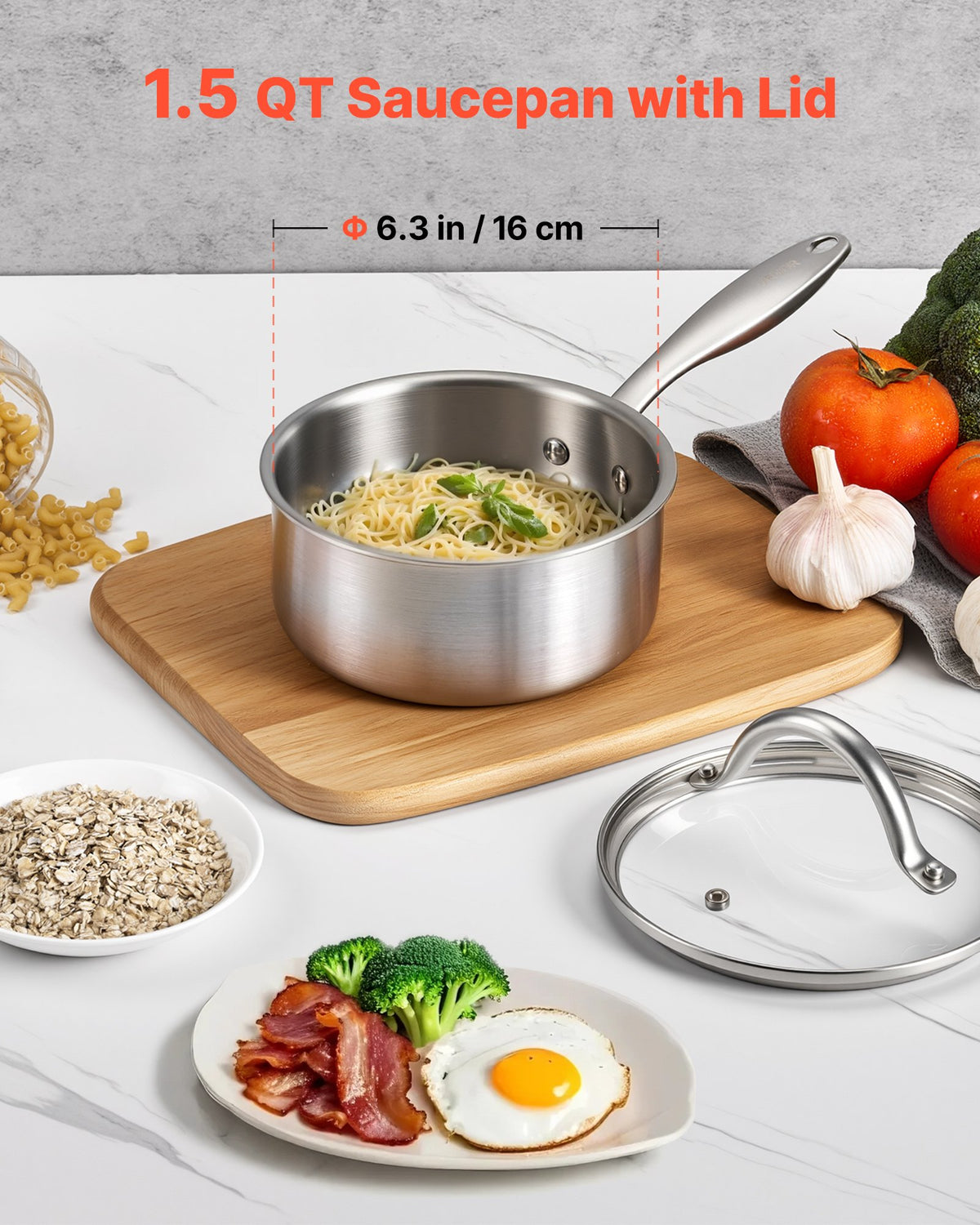 VEVOR 1.5 QT Saucepan, Stainless Steel Saucepan with Glass Lid, Multipurpose Nonstick Stainless Steel Small Cooking Sauce Pot with Ergonomic Handle, Friendly for Oven, Dishwasher, Induction Cooker - BXGJG15QT1JT99RW9001V0 - view 3