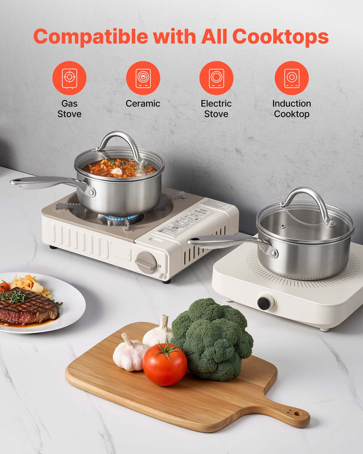 VEVOR 1.5 QT Saucepan, Stainless Steel Saucepan with Glass Lid, Multipurpose Nonstick Stainless Steel Small Cooking Sauce Pot with Ergonomic Handle, Friendly for Oven, Dishwasher, Induction Cooker - BXGJG15QT1JT99RW9001V0 - view 6