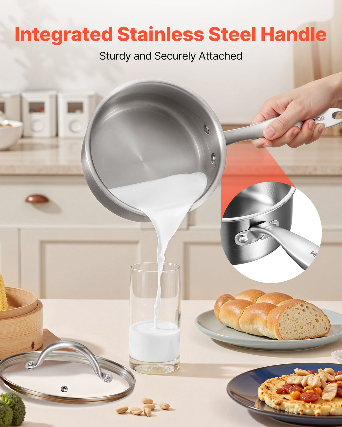 VEVOR 1.5 QT Saucepan, Stainless Steel Saucepan with Glass Lid, Multipurpose Nonstick Stainless Steel Small Cooking Sauce Pot with Ergonomic Handle, Friendly for Oven, Dishwasher, Induction Cooker - BXGJG15QT1JT99RW9001V0 - view 7