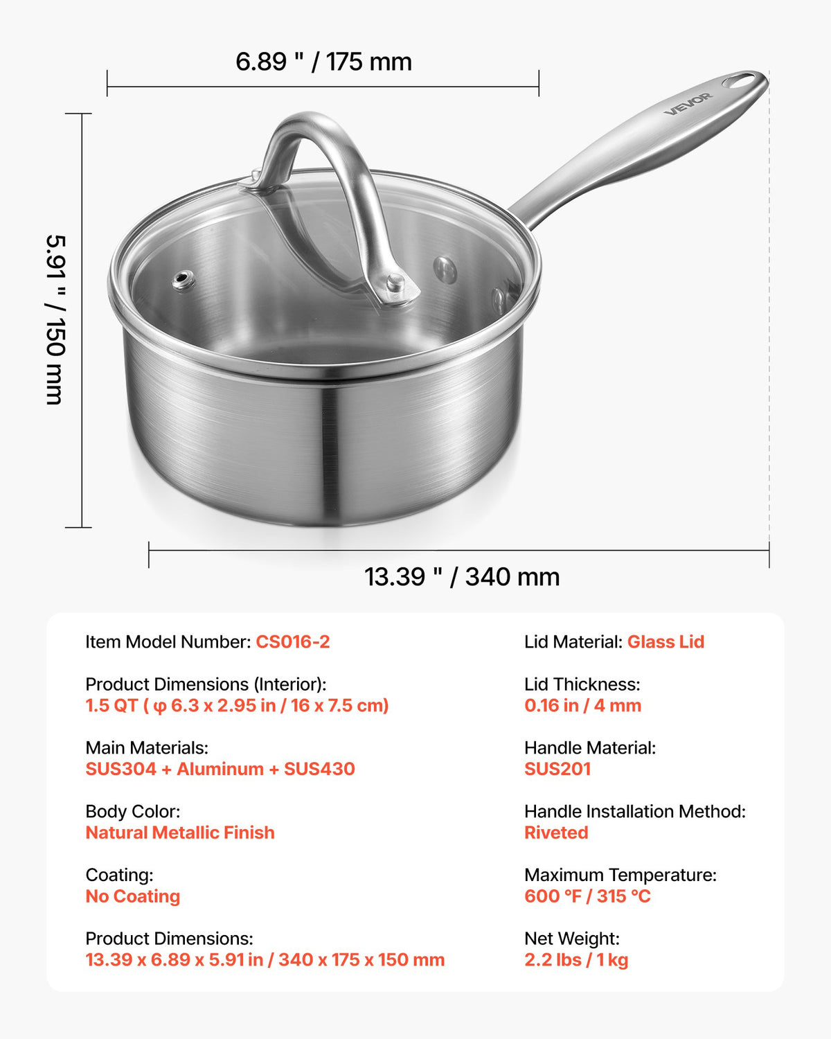 VEVOR 1.5 QT Saucepan, Stainless Steel Saucepan with Glass Lid, Multipurpose Nonstick Stainless Steel Small Cooking Sauce Pot with Ergonomic Handle, Friendly for Oven, Dishwasher, Induction Cooker - BXGJG15QT1JT99RW9001V0 - view 8
