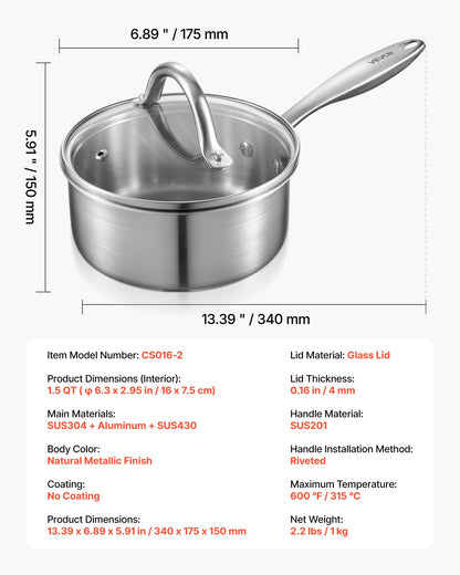 VEVOR 1.5 QT Saucepan, Stainless Steel Saucepan with Glass Lid, Multipurpose Nonstick Stainless Steel Small Cooking Sauce Pot with Ergonomic Handle, Friendly for Oven, Dishwasher, Induction Cooker - BXGJG15QT1JT99RW9001V0 - view 8
