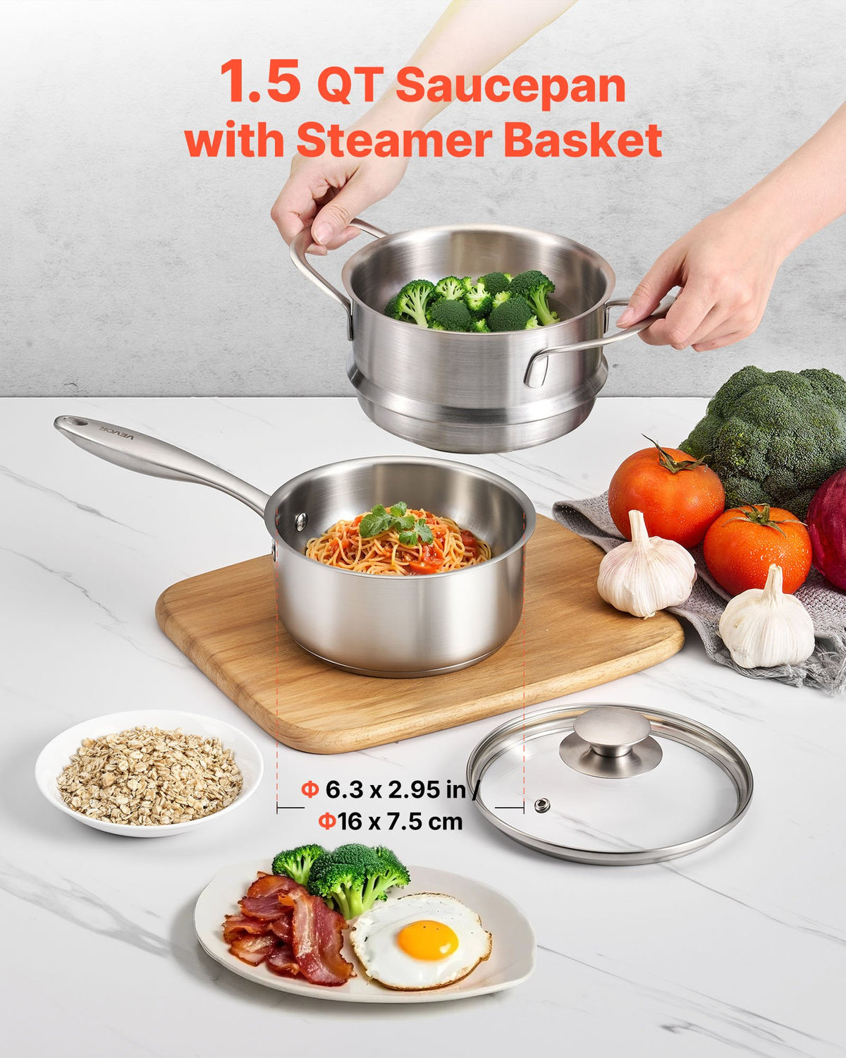 VEVOR 1.5 QT Saucepan with Steamer, Stainless Steel Saucepan with Glass Lid, Multipurpose Nonstick Stainless Steel Sauce Pot with Ergonomic Handle, Friendly for Oven, Dishwasher, Induction Cooker - BXGJG15QTDZLBUF9H001V0 - view 3