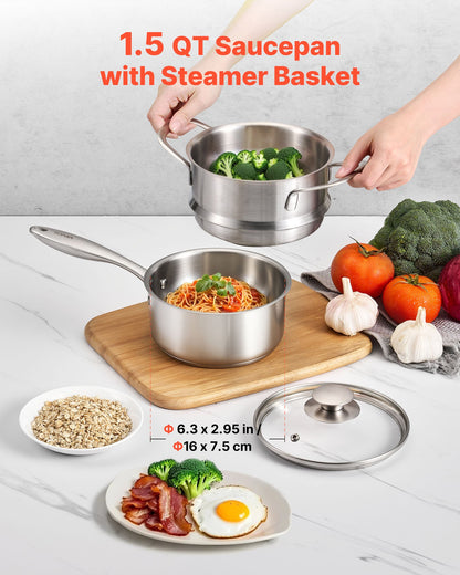 VEVOR 1.5 QT Saucepan with Steamer, Stainless Steel Saucepan with Glass Lid, Multipurpose Nonstick Stainless Steel Sauce Pot with Ergonomic Handle, Friendly for Oven, Dishwasher, Induction Cooker - BXGJG15QTDZLBUF9H001V0 - view 3