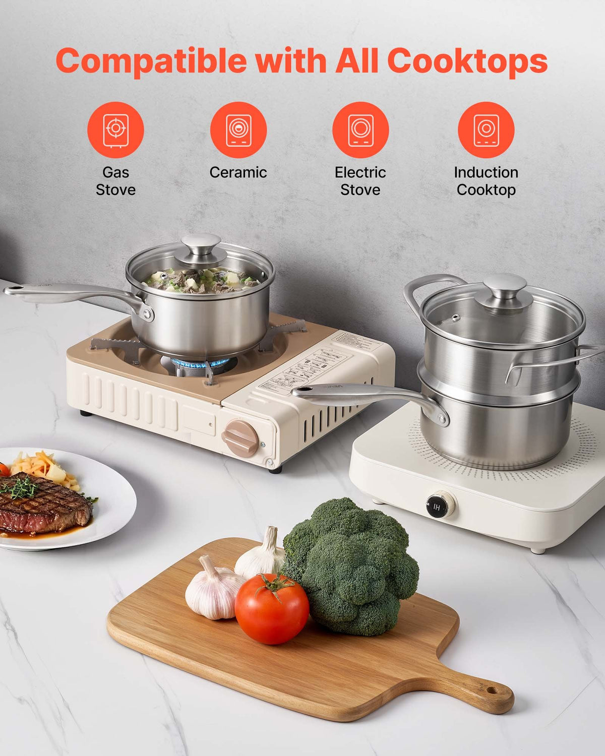 VEVOR 1.5 QT Saucepan with Steamer, Stainless Steel Saucepan with Glass Lid, Multipurpose Nonstick Stainless Steel Sauce Pot with Ergonomic Handle, Friendly for Oven, Dishwasher, Induction Cooker - BXGJG15QTDZLBUF9H001V0 - view 6