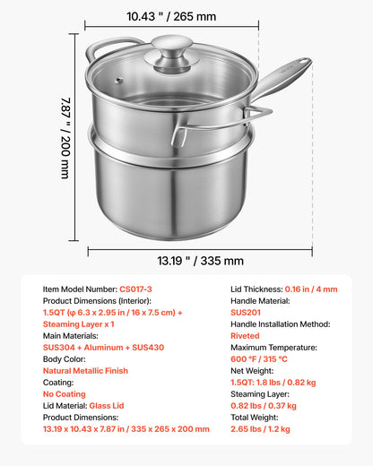 VEVOR 1.5 QT Saucepan with Steamer, Stainless Steel Saucepan with Glass Lid, Multipurpose Nonstick Stainless Steel Sauce Pot with Ergonomic Handle, Friendly for Oven, Dishwasher, Induction Cooker - BXGJG15QTDZLBUF9H001V0 - view 8