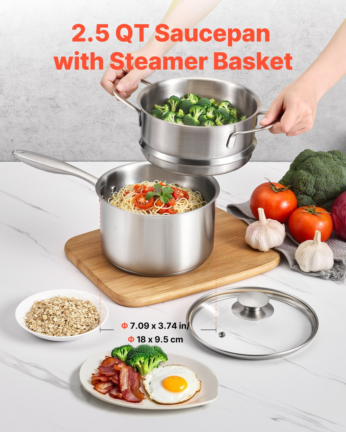 VEVOR 2.5 QT Saucepan with Steamer, Stainless Steel Saucepan with Glass Lid, Multipurpose Nonstick Stainless Steel Sauce Pot with Ergonomic Handle, Friendly for Oven, Dishwasher, Induction Cooker - BXGJG25QTDZL4LW30001V0 - view 3