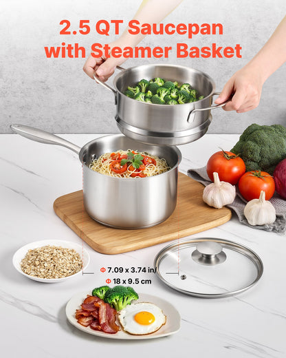 VEVOR 2.5 QT Saucepan with Steamer, Stainless Steel Saucepan with Glass Lid, Multipurpose Nonstick Stainless Steel Sauce Pot with Ergonomic Handle, Friendly for Oven, Dishwasher, Induction Cooker - BXGJG25QTDZL4LW30001V0 - view 3
