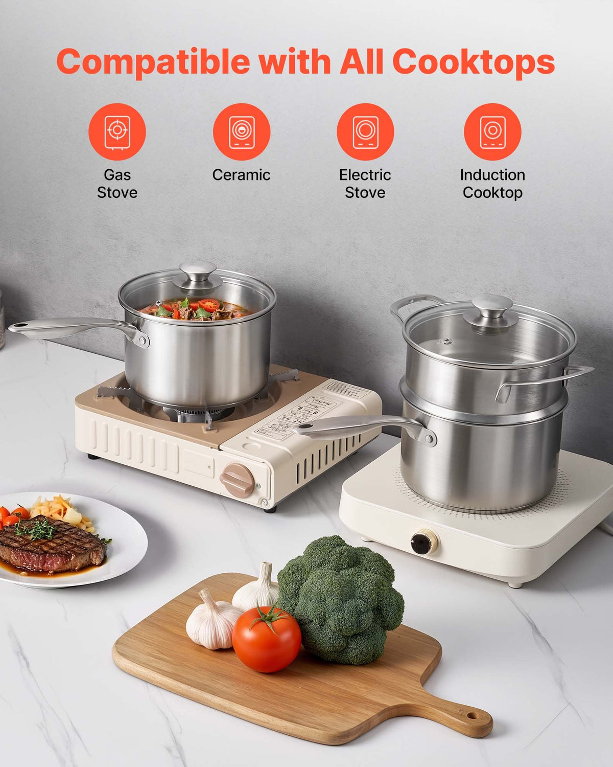VEVOR 2.5 QT Saucepan with Steamer, Stainless Steel Saucepan with Glass Lid, Multipurpose Nonstick Stainless Steel Sauce Pot with Ergonomic Handle, Friendly for Oven, Dishwasher, Induction Cooker - BXGJG25QTDZL4LW30001V0 - view 6