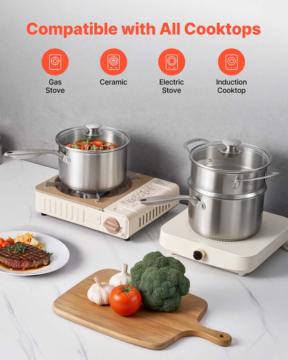 VEVOR 2.5 QT Saucepan with Steamer, Stainless Steel Saucepan with Glass Lid, Multipurpose Nonstick Stainless Steel Sauce Pot with Ergonomic Handle, Friendly for Oven, Dishwasher, Induction Cooker - BXGJG25QTDZL4LW30001V0 - view 6