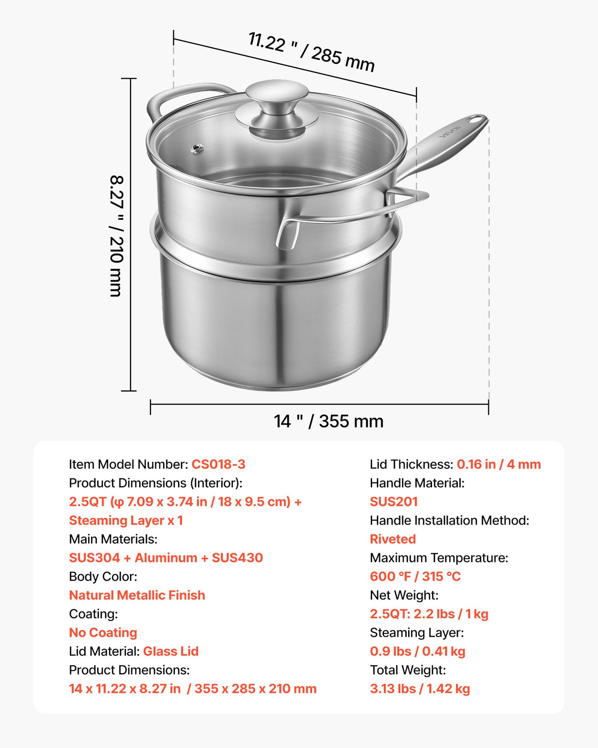 VEVOR 2.5 QT Saucepan with Steamer, Stainless Steel Saucepan with Glass Lid, Multipurpose Nonstick Stainless Steel Sauce Pot with Ergonomic Handle, Friendly for Oven, Dishwasher, Induction Cooker - BXGJG25QTDZL4LW30001V0 - view 8