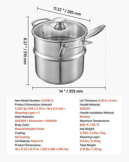 VEVOR 2.5 QT Saucepan with Steamer, Stainless Steel Saucepan with Glass Lid, Multipurpose Nonstick Stainless Steel Sauce Pot with Ergonomic Handle, Friendly for Oven, Dishwasher, Induction Cooker - BXGJG25QTDZL4LW30001V0 - view 8