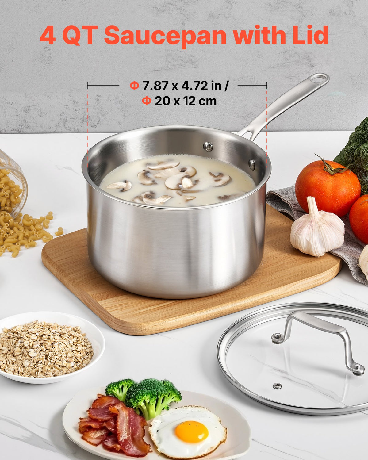 VEVOR 4 QT Saucepan, Stainless Steel Saucepan with Glass Lid, Multipurpose Nonstick Stainless Steel Small Cooking Sauce Pot with Ergonomic Handle, Friendly for Oven, Dishwasher, Induction Cooker - BXGJG4QT1JTWFU824001V0 - view 3
