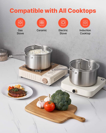 VEVOR 4 QT Saucepan, Stainless Steel Saucepan with Glass Lid, Multipurpose Nonstick Stainless Steel Small Cooking Sauce Pot with Ergonomic Handle, Friendly for Oven, Dishwasher, Induction Cooker - BXGJG4QT1JTWFU824001V0 - view 6
