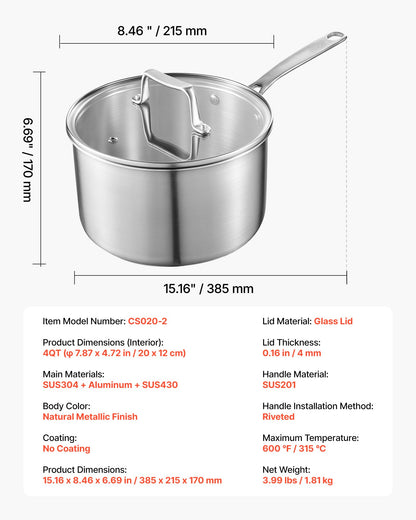 VEVOR 4 QT Saucepan, Stainless Steel Saucepan with Glass Lid, Multipurpose Nonstick Stainless Steel Small Cooking Sauce Pot with Ergonomic Handle, Friendly for Oven, Dishwasher, Induction Cooker - BXGJG4QT1JTWFU824001V0 - view 8