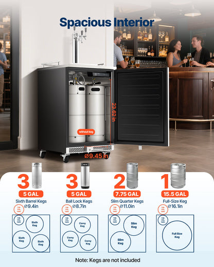 VEVOR Beer Kegerator, Triple Tap Commercial Draft Beer Dispenser for D system, Full Size Keg Refrigerator with 5lbs CO2 Tank, Hold 3 Sixth / 2 Slim / 3 Ball lock keg, 160L - BXGJSLSPJFPQ0H3CM001V1 - view 3