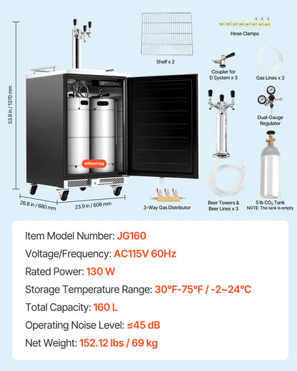 VEVOR Beer Kegerator, Triple Tap Commercial Draft Beer Dispenser for D system, Full Size Keg Refrigerator with 5lbs CO2 Tank, Hold 3 Sixth / 2 Slim / 3 Ball lock keg, 160L - BXGJSLSPJFPQ0H3CM001V1 - view 8