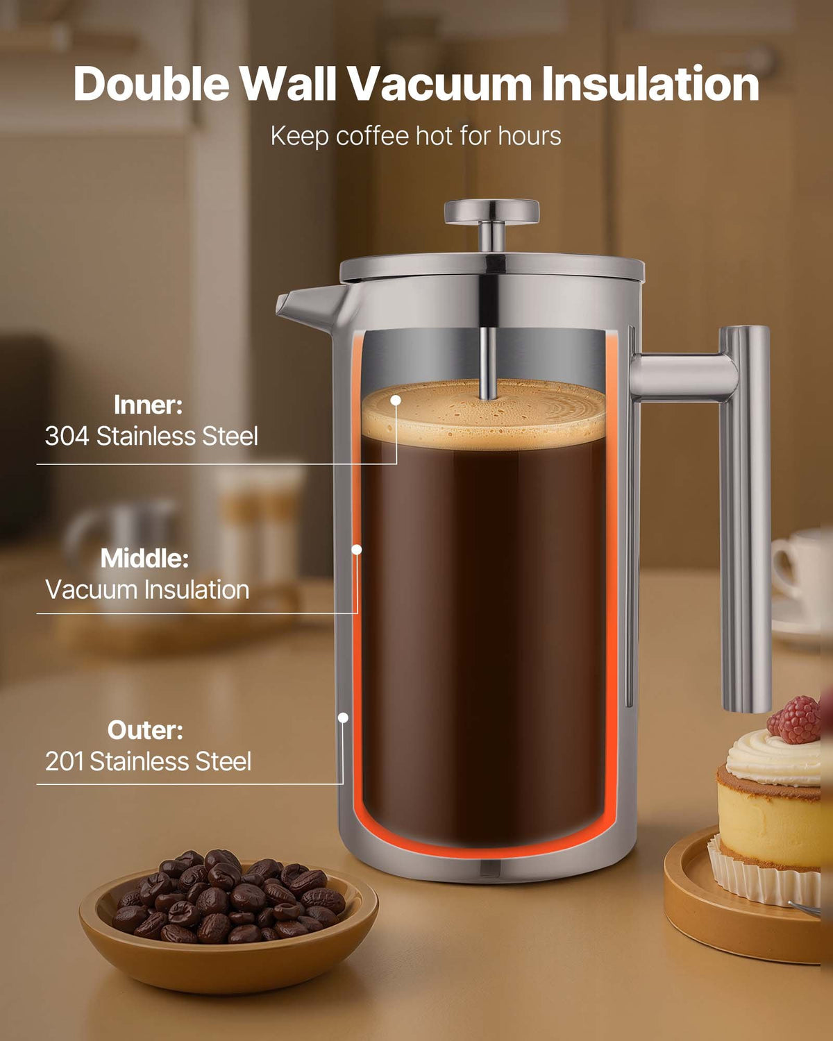 VEVOR French Press Coffee Maker, 51 Ounce 1.5 Liter Stainless Steel Coffee Press Tea Maker with Filter, Large Double Wall Insulated French Presses Cold Brew for Camping Travel Home Kitchen, Silver - BXGKFYHBXGYSXDLKO001V0 - view 3