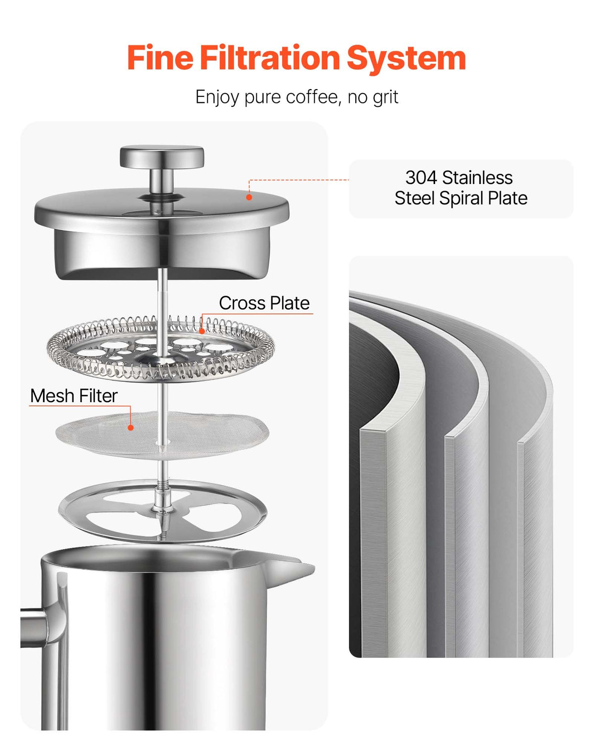 VEVOR French Press Coffee Maker, 51 Ounce 1.5 Liter Stainless Steel Coffee Press Tea Maker with Filter, Large Double Wall Insulated French Presses Cold Brew for Camping Travel Home Kitchen, Silver - BXGKFYHBXGYSXDLKO001V0 - view 4