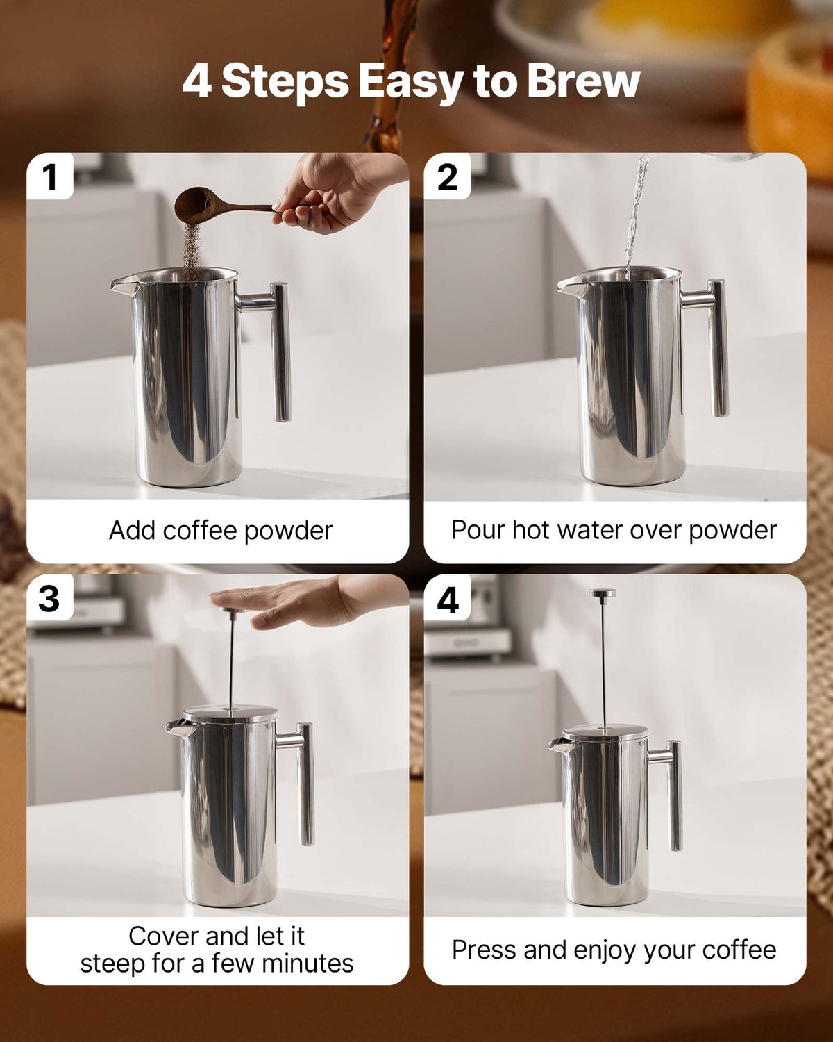 VEVOR French Press Coffee Maker, 51 Ounce 1.5 Liter Stainless Steel Coffee Press Tea Maker with Filter, Large Double Wall Insulated French Presses Cold Brew for Camping Travel Home Kitchen, Silver - BXGKFYHBXGYSXDLKO001V0 - view 5
