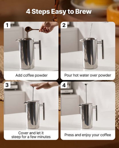 VEVOR French Press Coffee Maker, 51 Ounce 1.5 Liter Stainless Steel Coffee Press Tea Maker with Filter, Large Double Wall Insulated French Presses Cold Brew for Camping Travel Home Kitchen, Silver - BXGKFYHBXGYSXDLKO001V0 - view 5