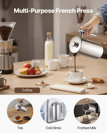 VEVOR French Press Coffee Maker, 51 Ounce 1.5 Liter Stainless Steel Coffee Press Tea Maker with Filter, Large Double Wall Insulated French Presses Cold Brew for Camping Travel Home Kitchen, Silver - BXGKFYHBXGYSXDLKO001V0 - view 7