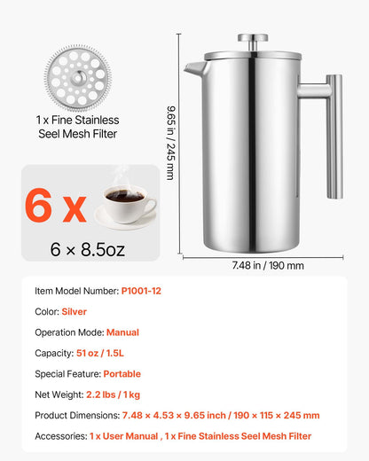 VEVOR French Press Coffee Maker, 51 Ounce 1.5 Liter Stainless Steel Coffee Press Tea Maker with Filter, Large Double Wall Insulated French Presses Cold Brew for Camping Travel Home Kitchen, Silver - BXGKFYHBXGYSXDLKO001V0 - view 8