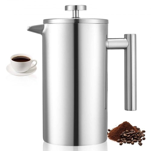 VEVOR French Press Coffee Maker, 34 Ounce 1 Liter Stainless Steel Coffee Press Tea Maker with Filter, Large Double Wall Insulated French Presses Cold Brew for Camping Travel Home Kitchen, Silver - BXGKFYHBXGYSZP2FL001V0 - view 2