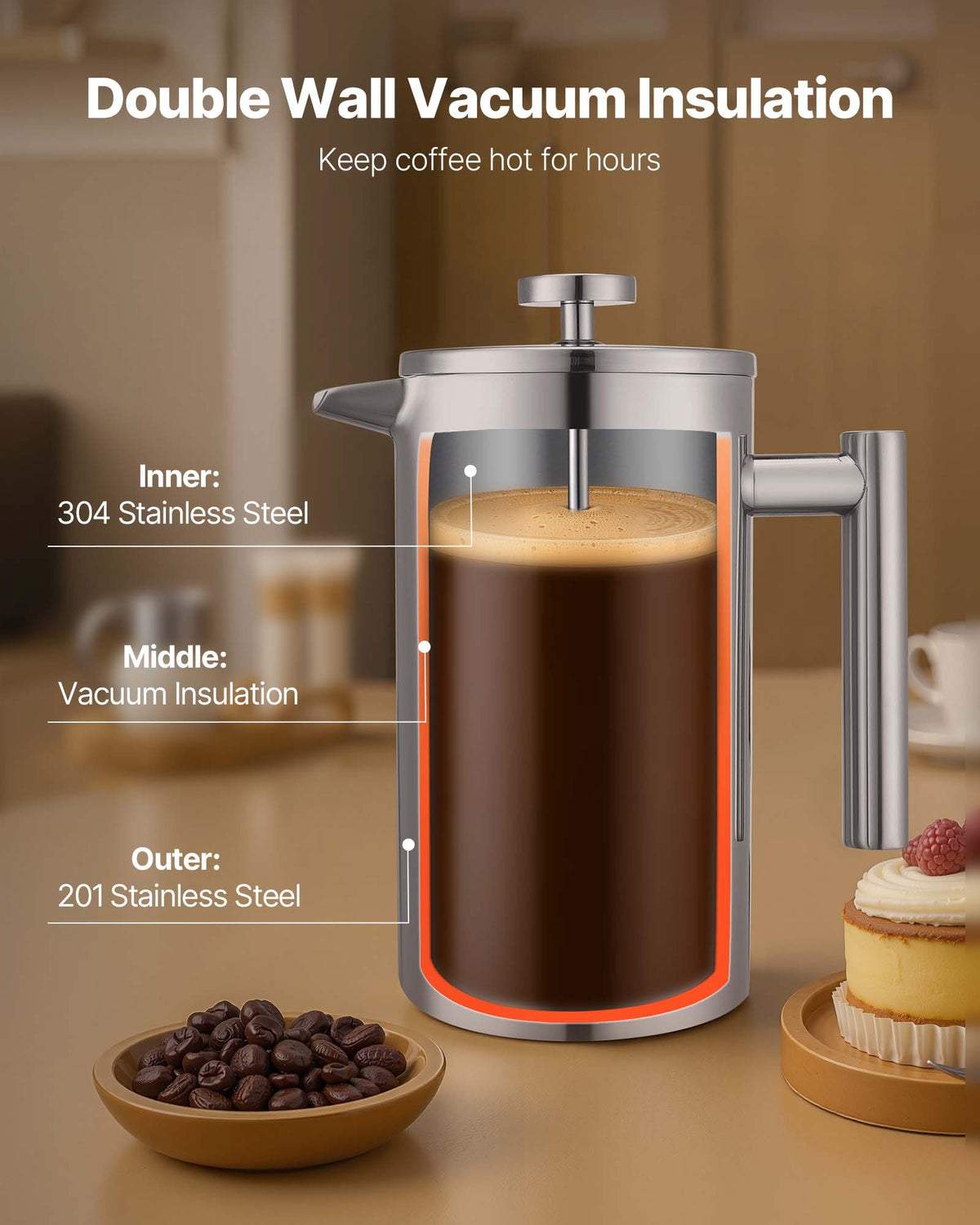 VEVOR French Press Coffee Maker, 34 Ounce 1 Liter Stainless Steel Coffee Press Tea Maker with Filter, Large Double Wall Insulated French Presses Cold Brew for Camping Travel Home Kitchen, Silver - BXGKFYHBXGYSZP2FL001V0 - view 3