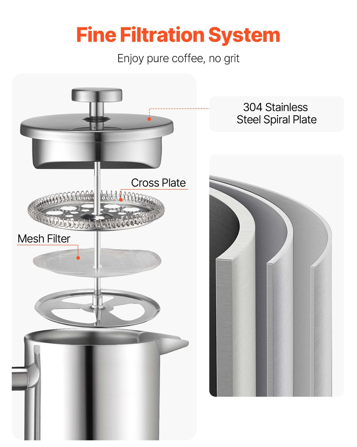 VEVOR French Press Coffee Maker, 34 Ounce 1 Liter Stainless Steel Coffee Press Tea Maker with Filter, Large Double Wall Insulated French Presses Cold Brew for Camping Travel Home Kitchen, Silver - BXGKFYHBXGYSZP2FL001V0 - view 4