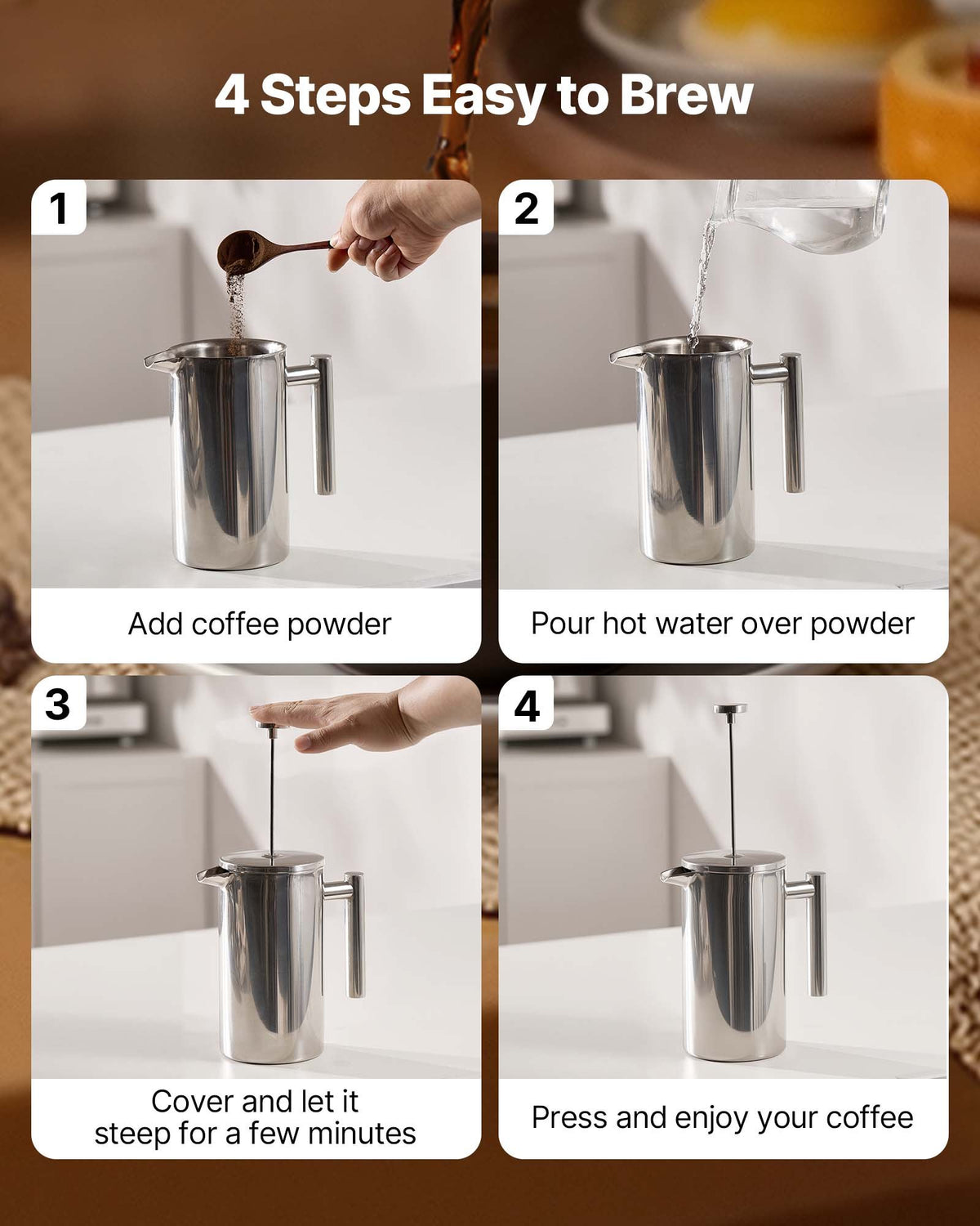 VEVOR French Press Coffee Maker, 34 Ounce 1 Liter Stainless Steel Coffee Press Tea Maker with Filter, Large Double Wall Insulated French Presses Cold Brew for Camping Travel Home Kitchen, Silver - BXGKFYHBXGYSZP2FL001V0 - view 5
