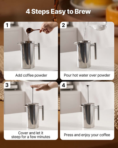 VEVOR French Press Coffee Maker, 34 Ounce 1 Liter Stainless Steel Coffee Press Tea Maker with Filter, Large Double Wall Insulated French Presses Cold Brew for Camping Travel Home Kitchen, Silver - BXGKFYHBXGYSZP2FL001V0 - view 5