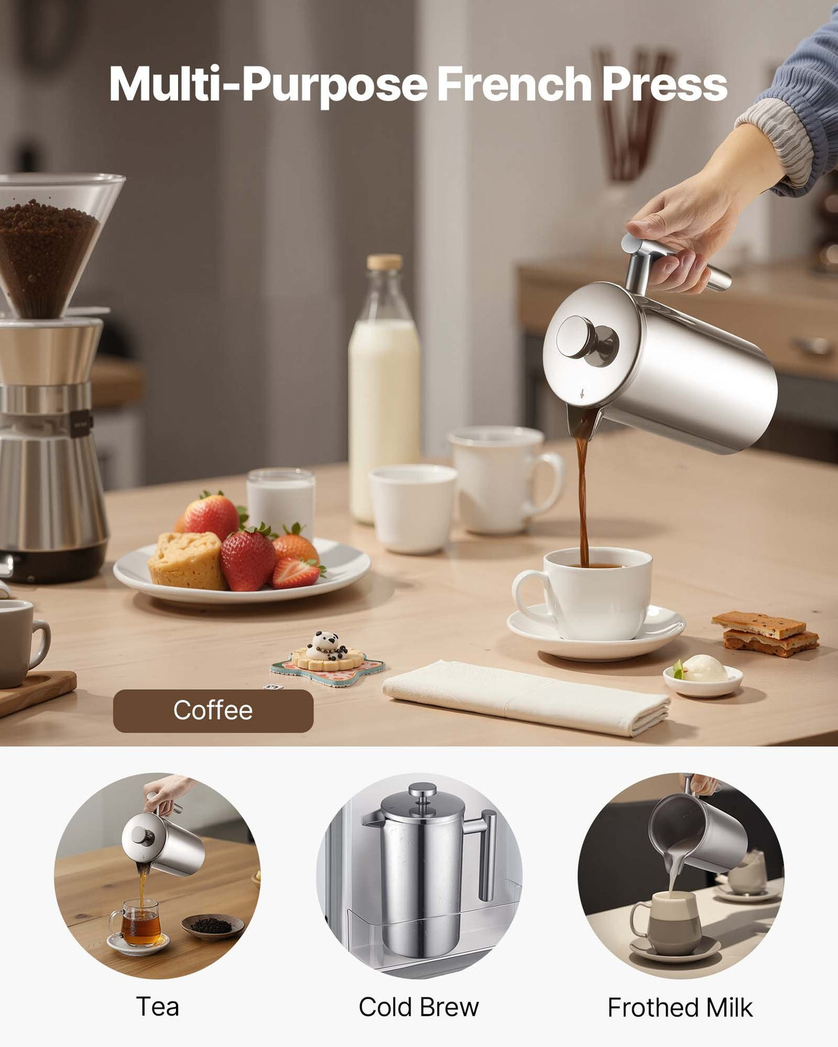VEVOR French Press Coffee Maker, 34 Ounce 1 Liter Stainless Steel Coffee Press Tea Maker with Filter, Large Double Wall Insulated French Presses Cold Brew for Camping Travel Home Kitchen, Silver - BXGKFYHBXGYSZP2FL001V0 - view 7