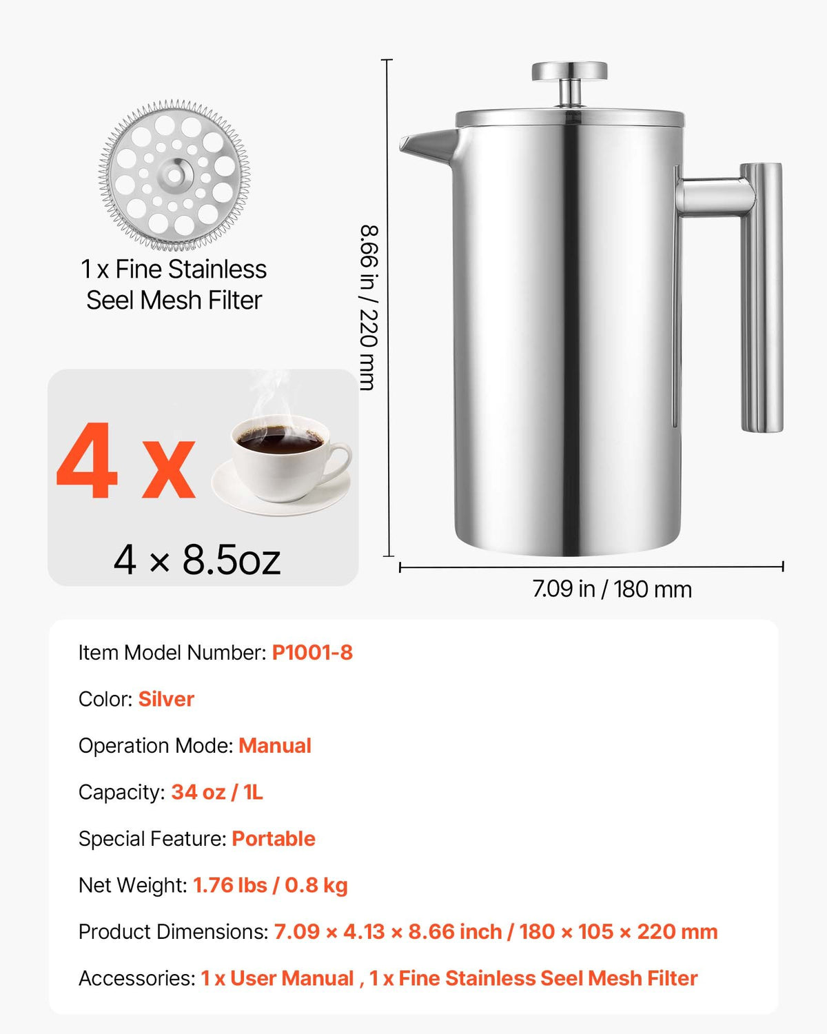 VEVOR French Press Coffee Maker, 34 Ounce 1 Liter Stainless Steel Coffee Press Tea Maker with Filter, Large Double Wall Insulated French Presses Cold Brew for Camping Travel Home Kitchen, Silver - BXGKFYHBXGYSZP2FL001V0 - view 8