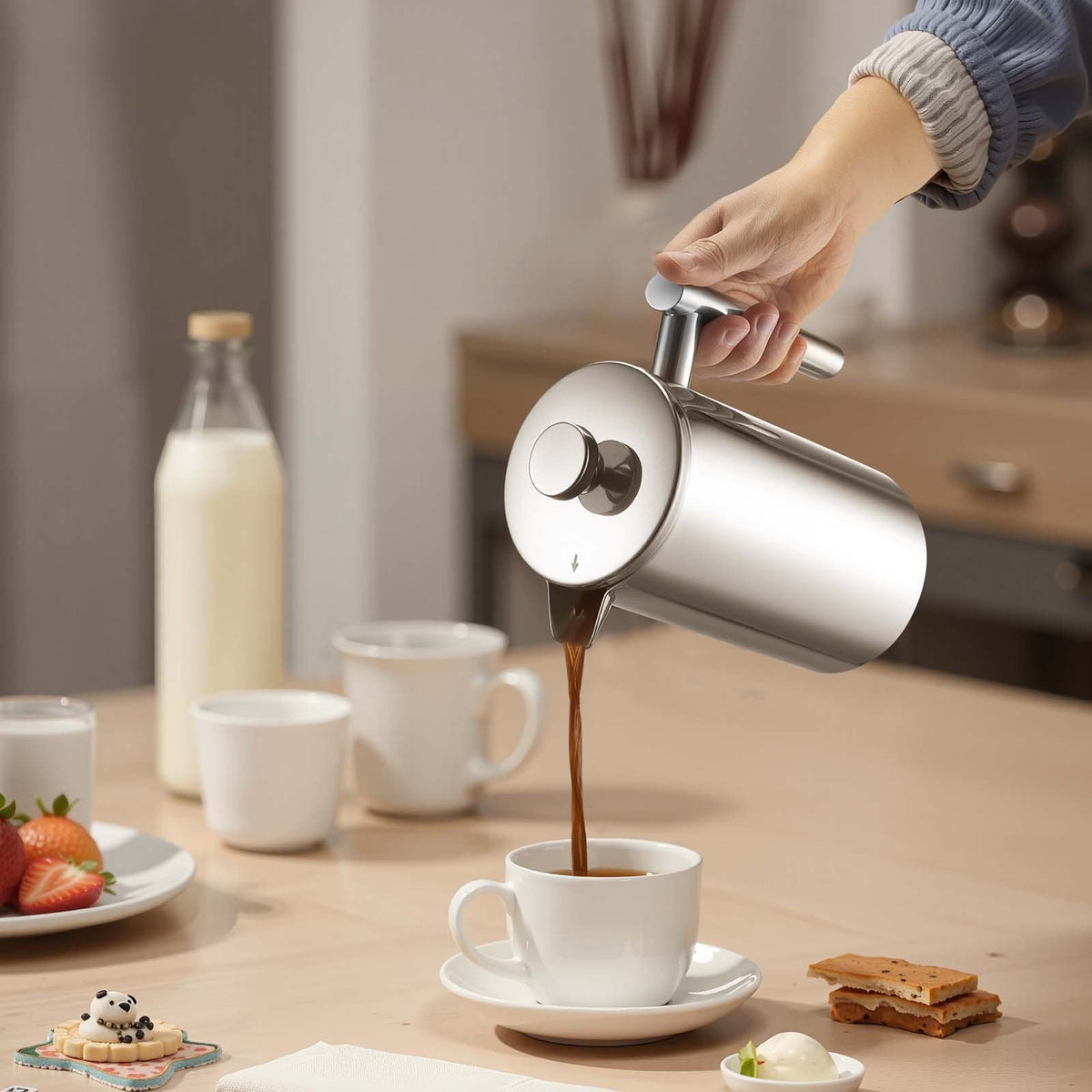 VEVOR French Press Coffee Maker, 34 Ounce 1 Liter Stainless Steel Coffee Press Tea Maker with Filter, Large Double Wall Insulated French Presses Cold Brew for Camping Travel Home Kitchen, Silver - BXGKFYHBXGYSZP2FL001V0 - view 9