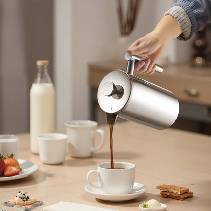 VEVOR French Press Coffee Maker, 34 Ounce 1 Liter Stainless Steel Coffee Press Tea Maker with Filter, Large Double Wall Insulated French Presses Cold Brew for Camping Travel Home Kitchen, Silver - BXGKFYHBXGYSZP2FL001V0 - view 9