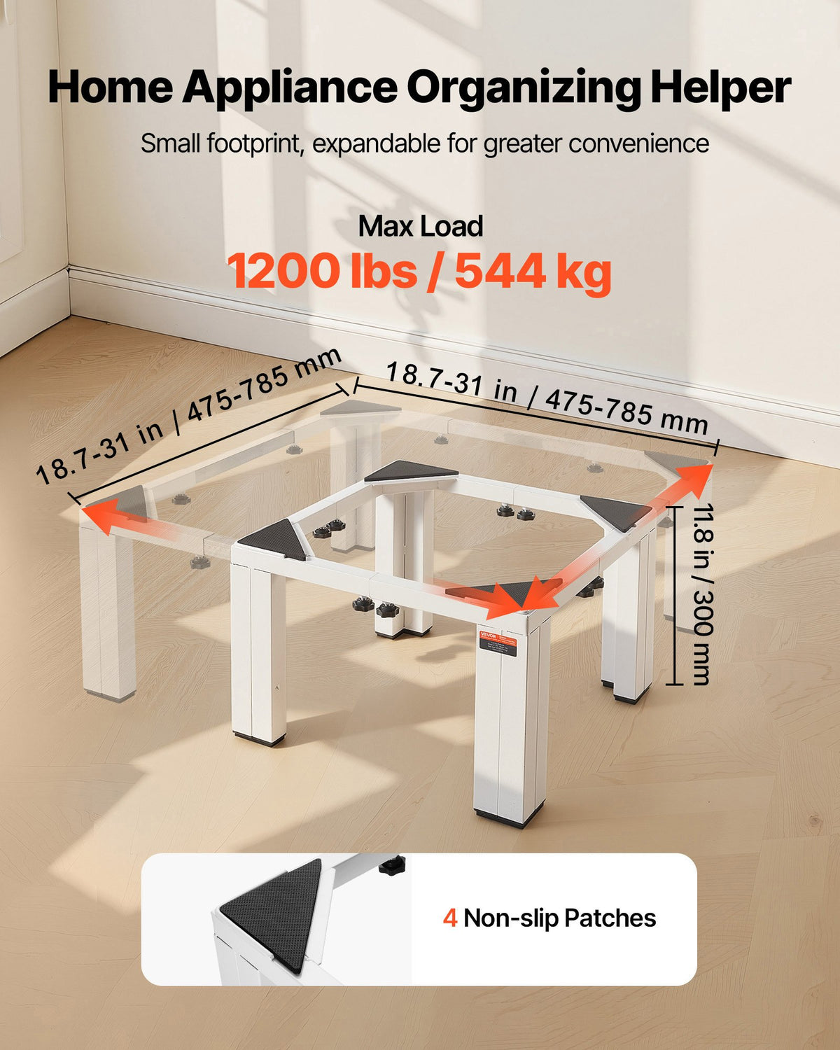 VEVOR Laundry Pedestal, 12 in Height, Washer and Dryer Pedestals with 1200 lbs Weight Load Capacity, 18.7-31 in Adjustable, Non-Slip Feet, Heavy-duty Steel Washing Machine Stand Universal Fit, White - BXGKSSZJBDL1KFCCH001V0 - view 4