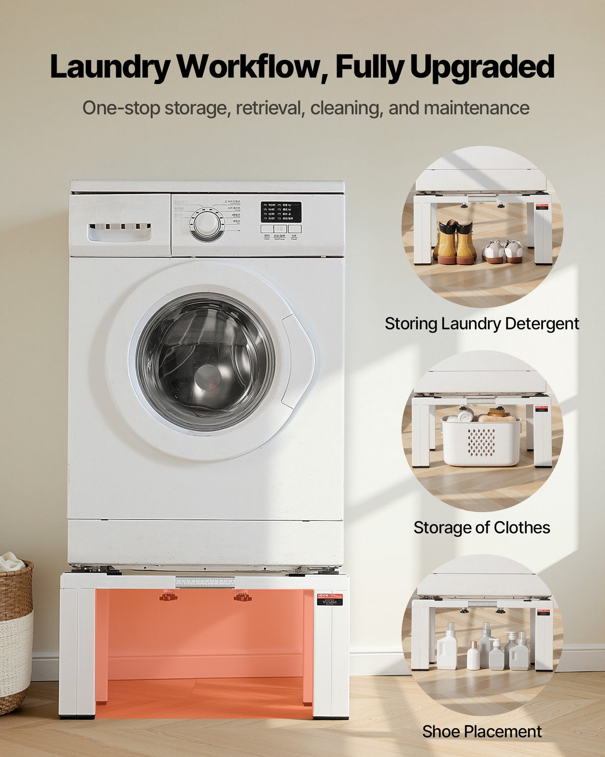 VEVOR Laundry Pedestal, 12 in Height, Washer and Dryer Pedestals with 1200 lbs Weight Load Capacity, 18.7-31 in Adjustable, Non-Slip Feet, Heavy-duty Steel Washing Machine Stand Universal Fit, White - BXGKSSZJBDL1KFCCH001V0 - view 8