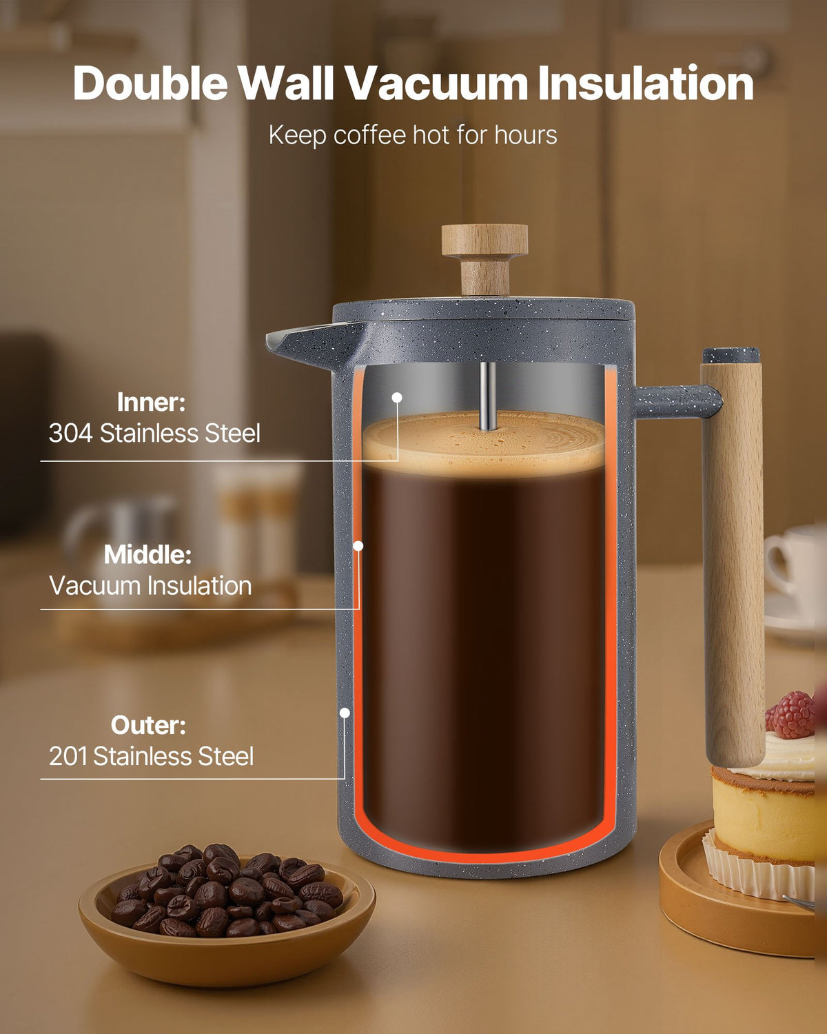 VEVOR French Press Coffee Maker, 34 Ounce 1 Liter Stainless Steel Coffee Press Tea Maker with Filter, Large Double Wall Insulated French Presses Cold Brew for Camping Travel Home Kitchen, Black - BXGPTKFYHBXGCDHOU001V0 - view 3