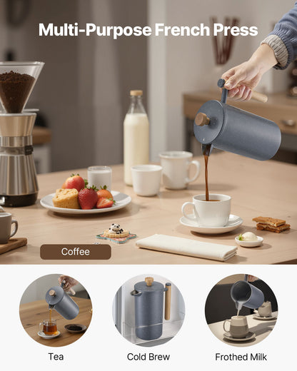 VEVOR French Press Coffee Maker, 34 Ounce 1 Liter Stainless Steel Coffee Press Tea Maker with Filter, Large Double Wall Insulated French Presses Cold Brew for Camping Travel Home Kitchen, Black - BXGPTKFYHBXGCDHOU001V0 - view 7