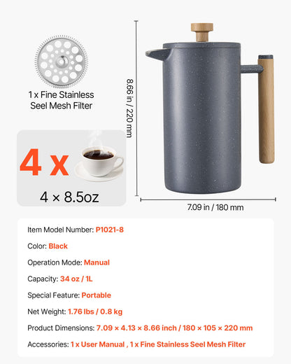 VEVOR French Press Coffee Maker, 34 Ounce 1 Liter Stainless Steel Coffee Press Tea Maker with Filter, Large Double Wall Insulated French Presses Cold Brew for Camping Travel Home Kitchen, Black - BXGPTKFYHBXGCDHOU001V0 - view 8