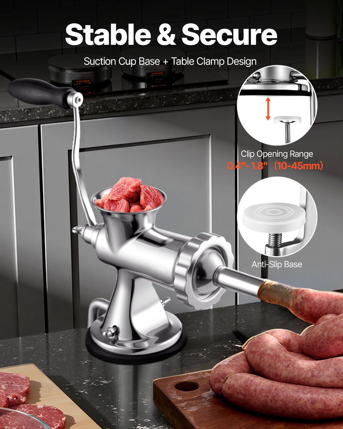 VEVOR Manual Meat Grinder, 304 Stainless Steel Hand Meat Grinder with Suction Cup + Steel Table Clamp, Meat Mincer Sausage Maker & 2 Cutting Plates, Sausage Tube, Grinding Head for Beef Pepper Cookie - BXGSDJRJYS305W7U7V0 - view 2