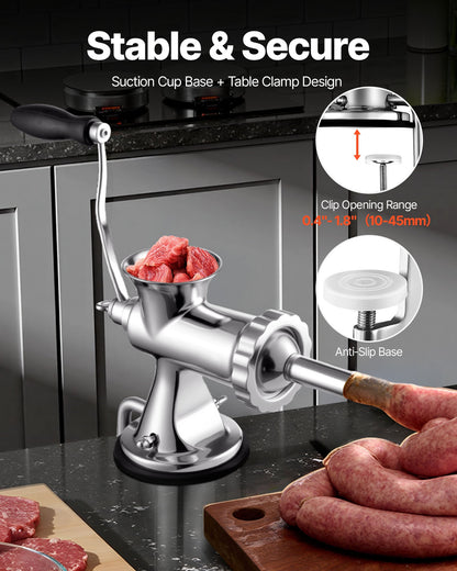 VEVOR Manual Meat Grinder, 304 Stainless Steel Hand Meat Grinder with Suction Cup + Steel Table Clamp, Meat Mincer Sausage Maker & 2 Cutting Plates, Sausage Tube, Grinding Head for Beef Pepper Cookie - BXGSDJRJYS305W7U7V0 - view 2