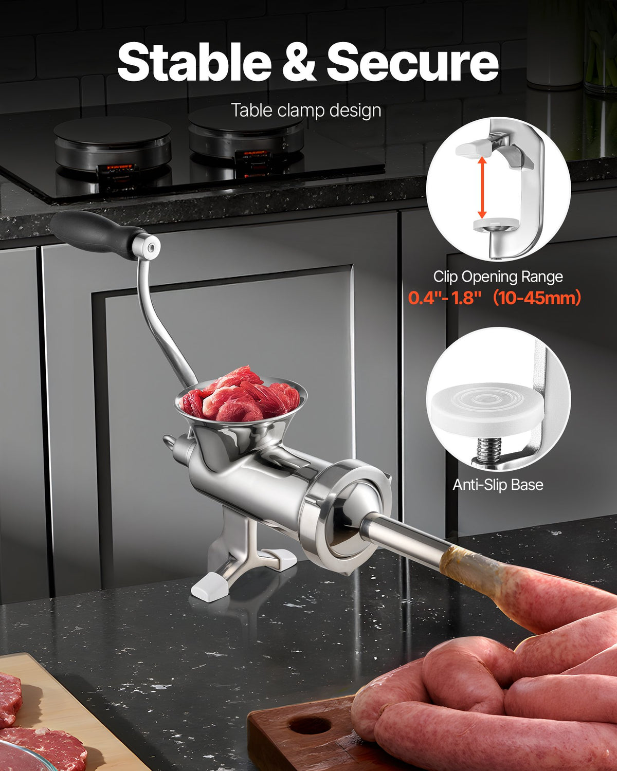VEVOR Manual Meat Grinder, 304 Stainless Steel Hand Meat Grinder with Steel Table Clamp, Meat Mincer Sausage Maker & 2 Cutting Plates, Cookie Attachment, Sausage Tube for Beef Pepper Mushroom Cookie - BXGSDJRJYS30TU4B1V0 - view 2