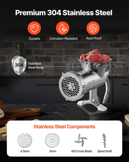 VEVOR Manual Meat Grinder, 304 Stainless Steel Hand Meat Grinder with Steel Table Clamp, Meat Mincer Sausage Maker & 2 Cutting Plates, Cookie Attachment, Sausage Tube for Beef Pepper Mushroom Cookie - BXGSDJRJYS30TU4B1V0 - view 3